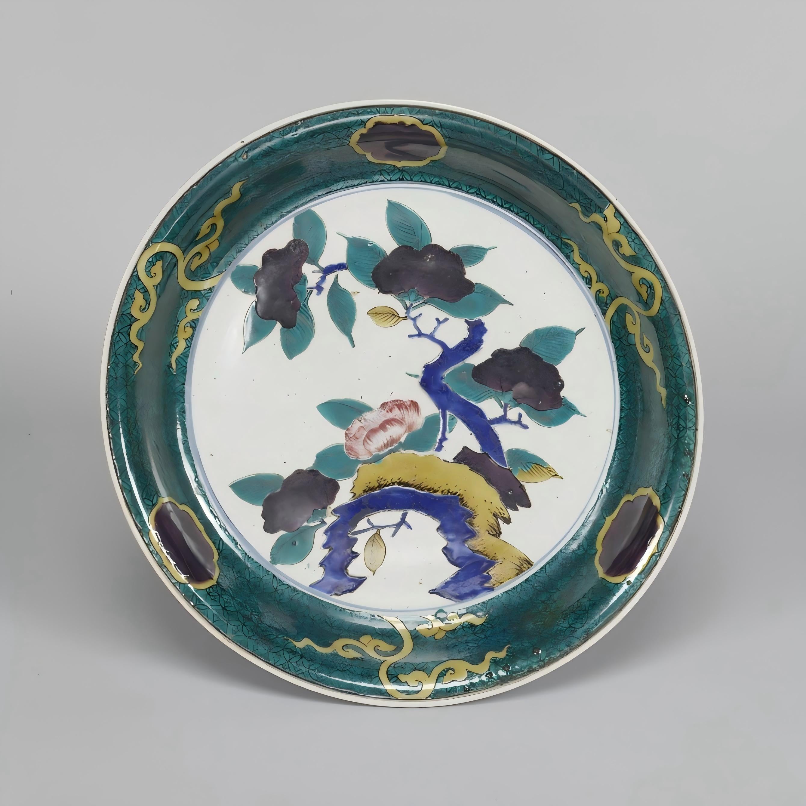 Chinese Qing Dynasty Famille Verte Porcelain Charger with Peony Tree Motif