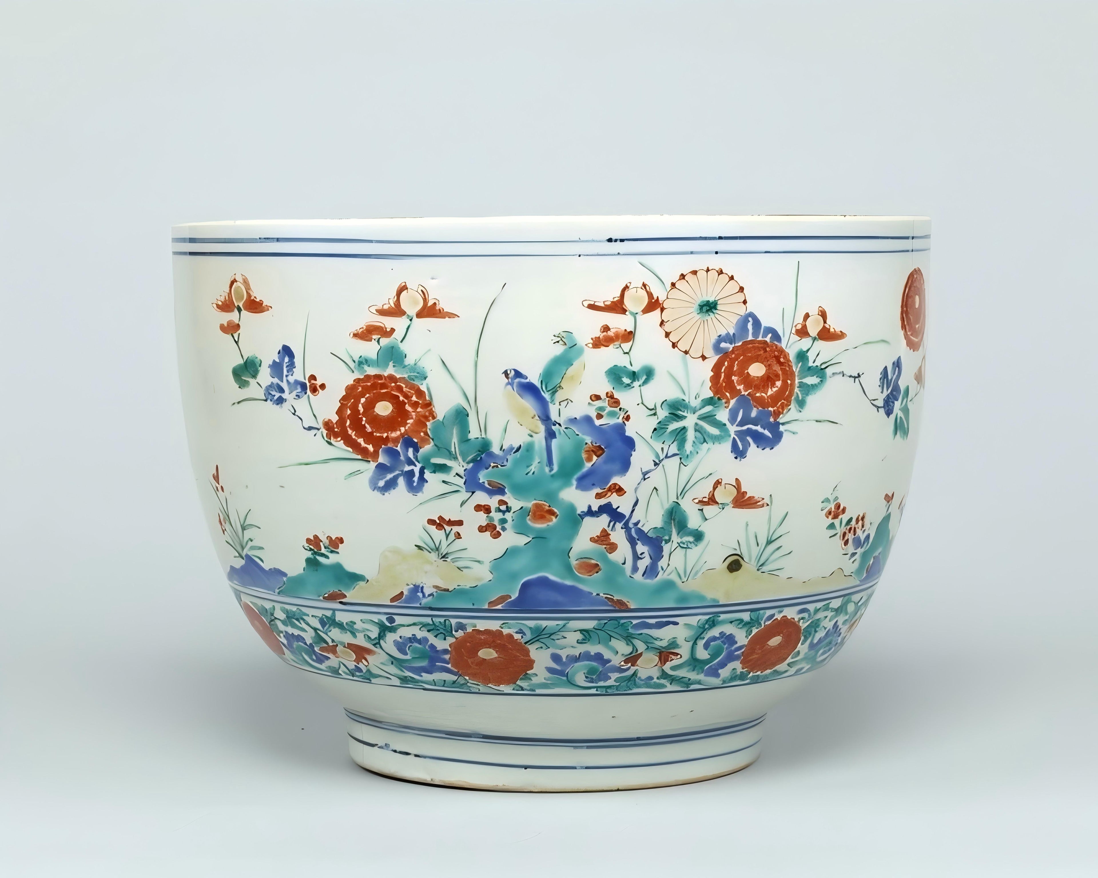 Chinese Qing Dynasty Famille Verte Large Porcelain Jardinière with Hundred Flowers Design