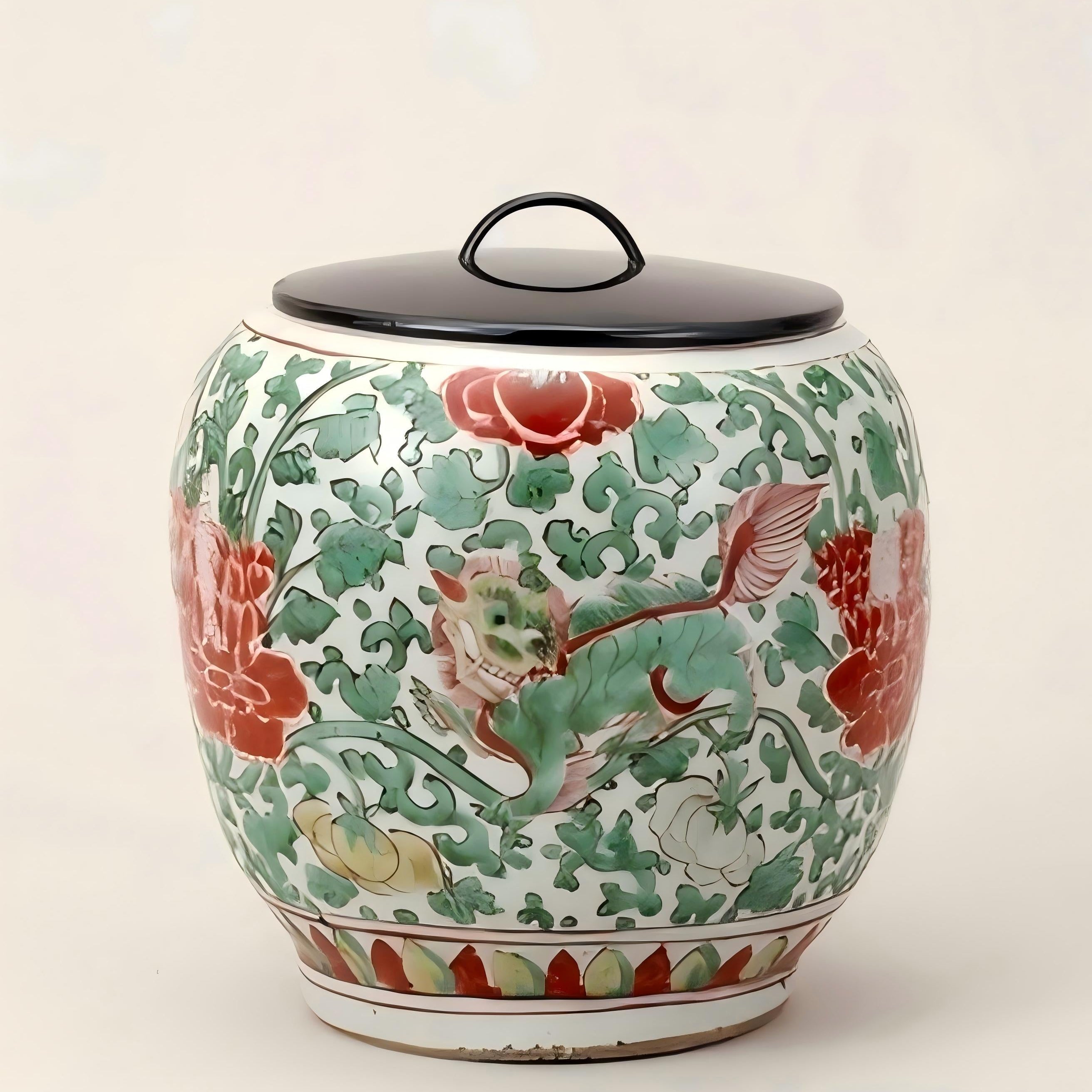 Digital Artwork: Chinese Qing Dynasty Style Famille Verte Porcelain Jar with Floral Scroll Motif