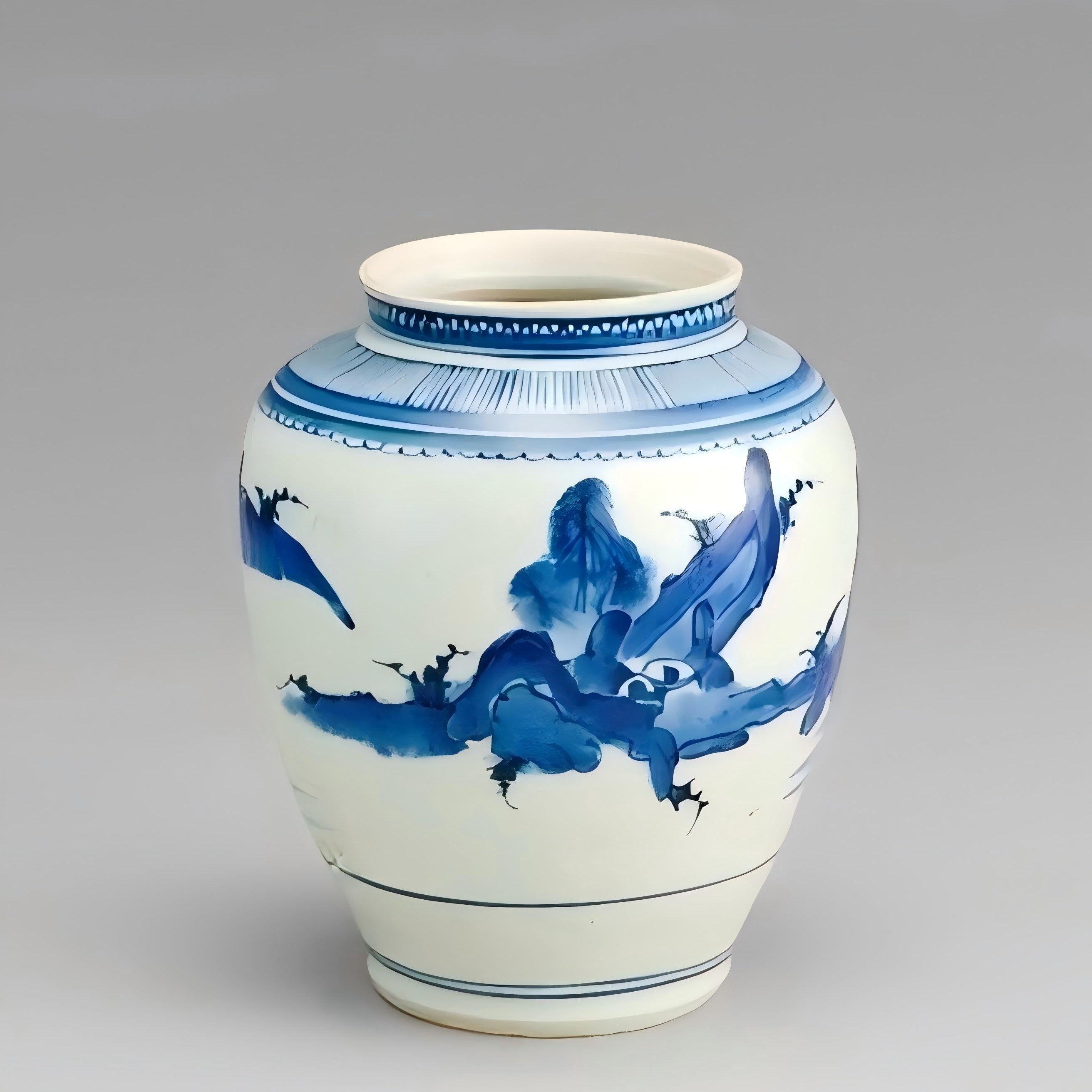 Chinese Qing Dynasty Blue and White Porcelain Jar with Landscape Design